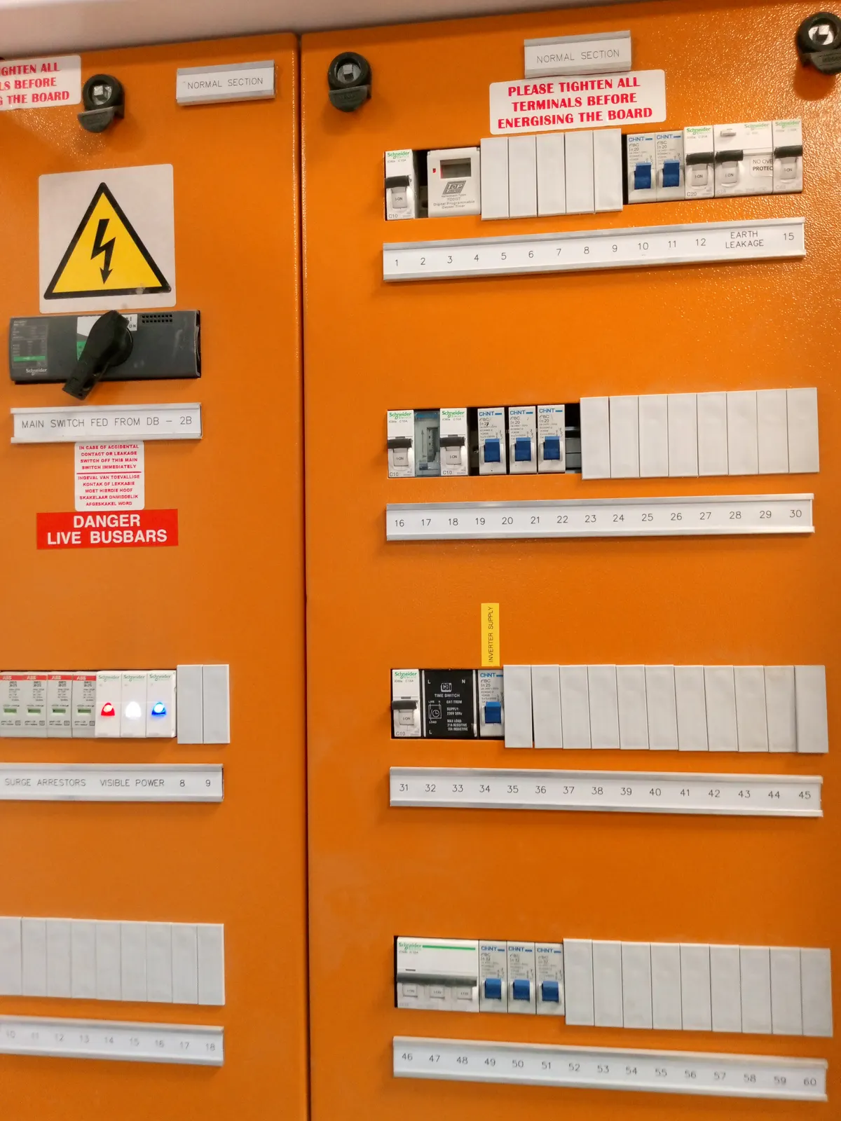 An industrial distribution board with both doors open, breaker ways labelled and a Danger Live Busbars warning on the panel.