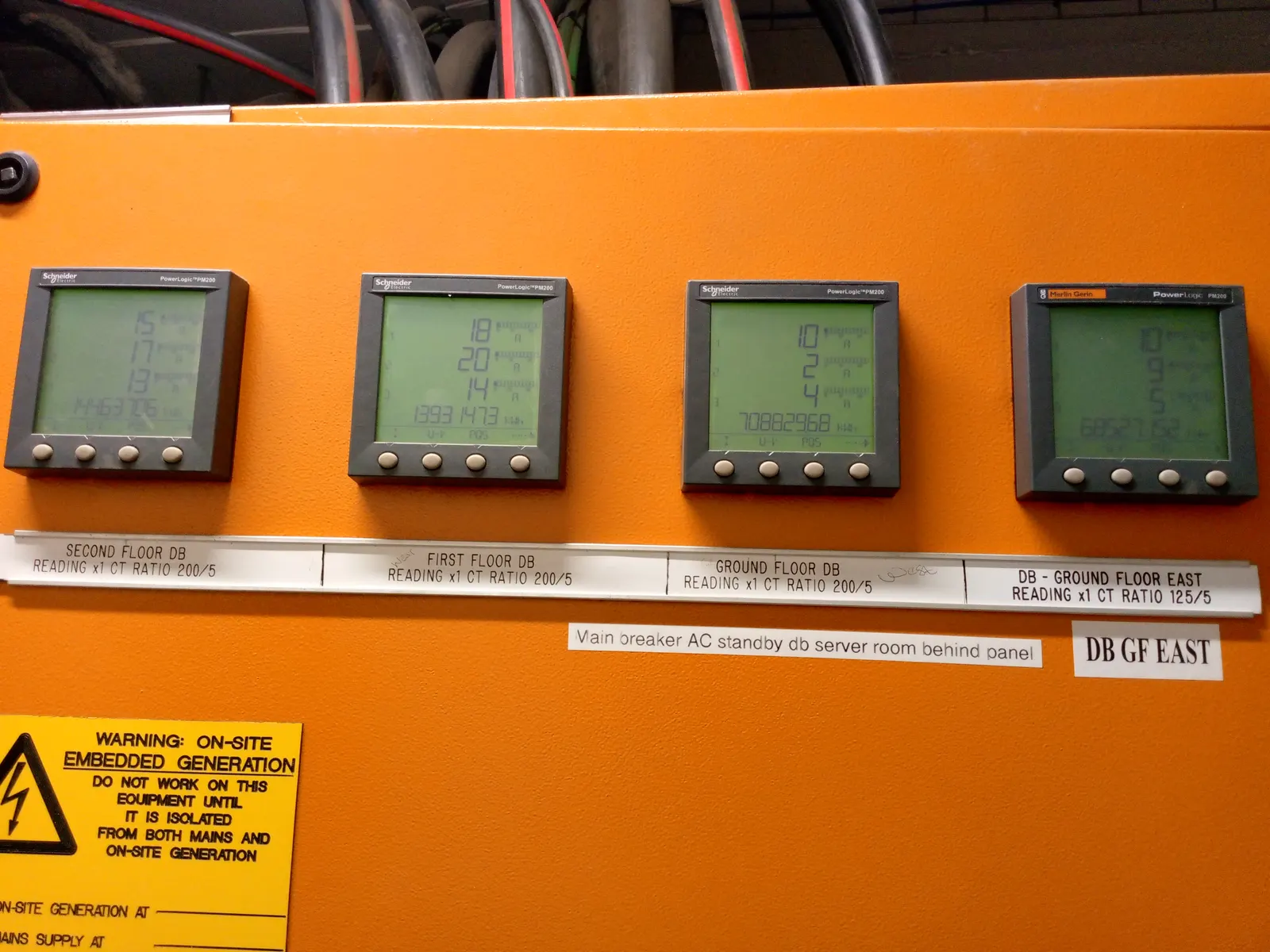 Four floor-by-floor energy meters on an orange distribution panel, under an on-site embedded generation warning label.