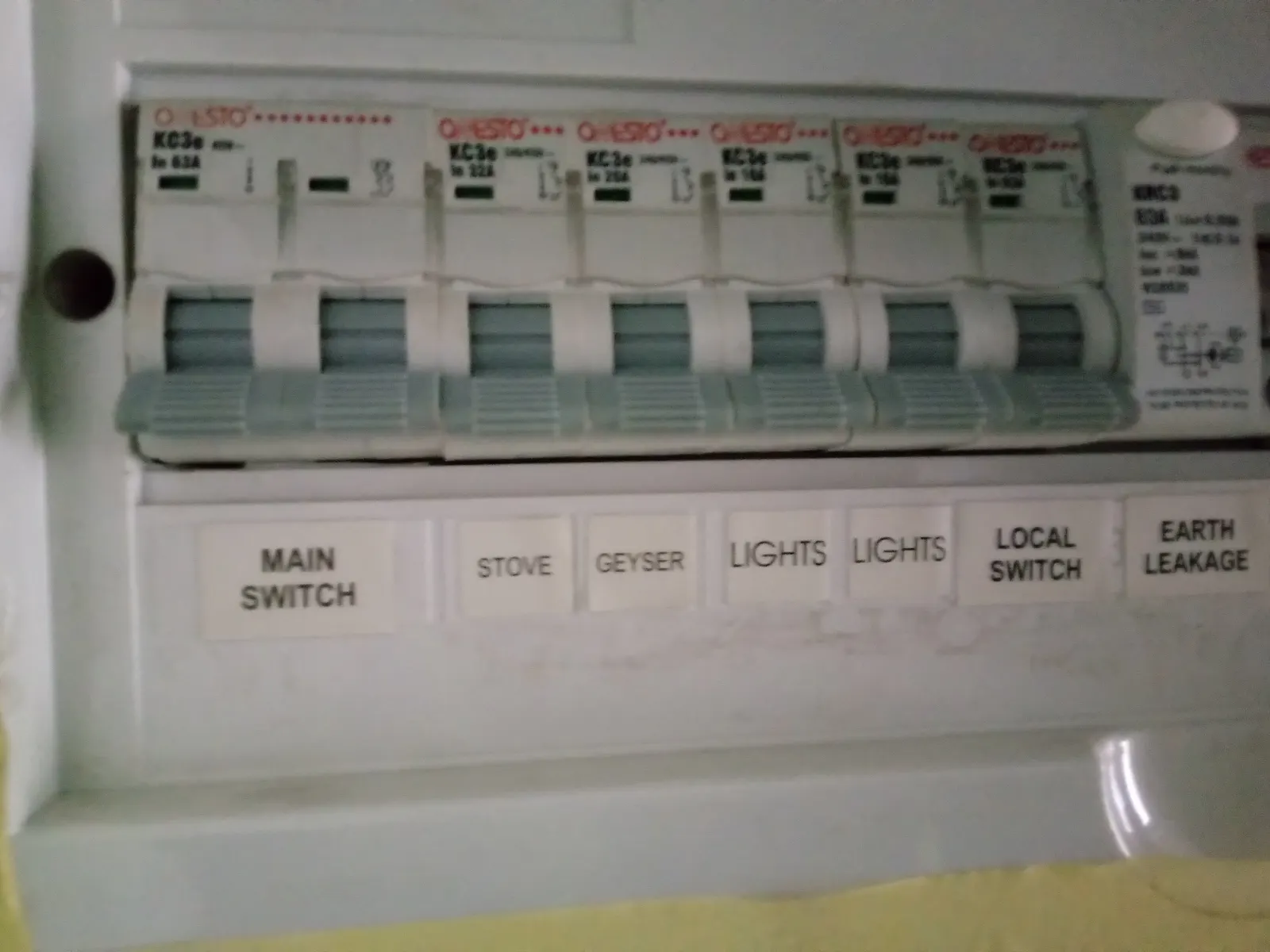 A residential consumer unit with earth-leakage protection and every way individually labelled — main switch, stove, geyser, lights, earth leakage.